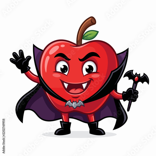 Cute Cartoon Vampire Apple Character Wearing a Cape and Holding a Bat Wand for Halloween Vector Illustration
