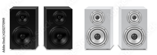 Vector icons of black and white audio speakers related to music and entertainment industry, sound equipment. Realistic illustration isolated on white background