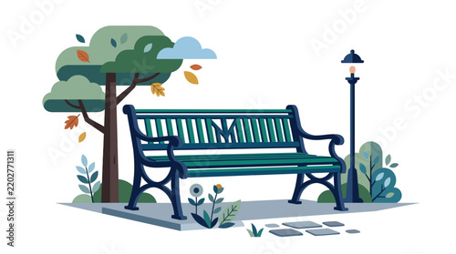Classic green park bench under a leafy autumn tree.
