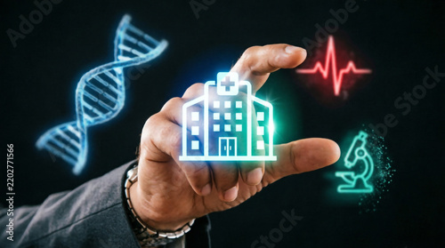 Businessman hand touches glowing holographic health, insurance, and financial protection icons.