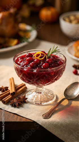 A glass bowl of cranberry sauce stands on a linen cloth beside cinnamon sticks and a spoon. Orange peel curls and a rosemary sprig garnish the glossy red berries. Thanksgiving dinner