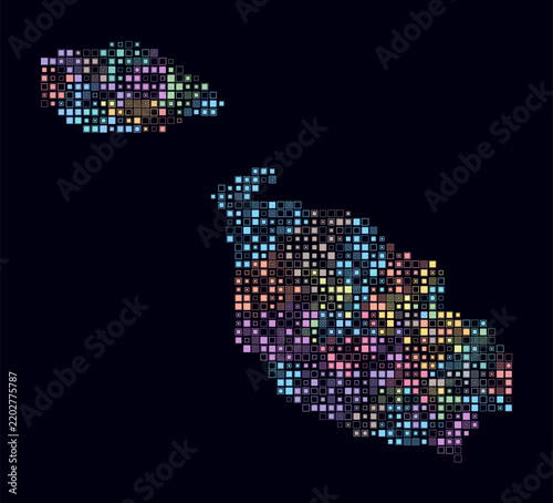Malta, shape of the country build of colored cells. Digital style map of the Malta on dark background. Small size square blocks. Creative vector illustration.