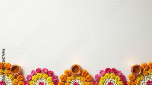 Traditional Diwali decorative border with glowing diyas surrounded by colorful marigold flowers and intricate rangoli patterns, positioned along the bottom of a clean light background with copy space