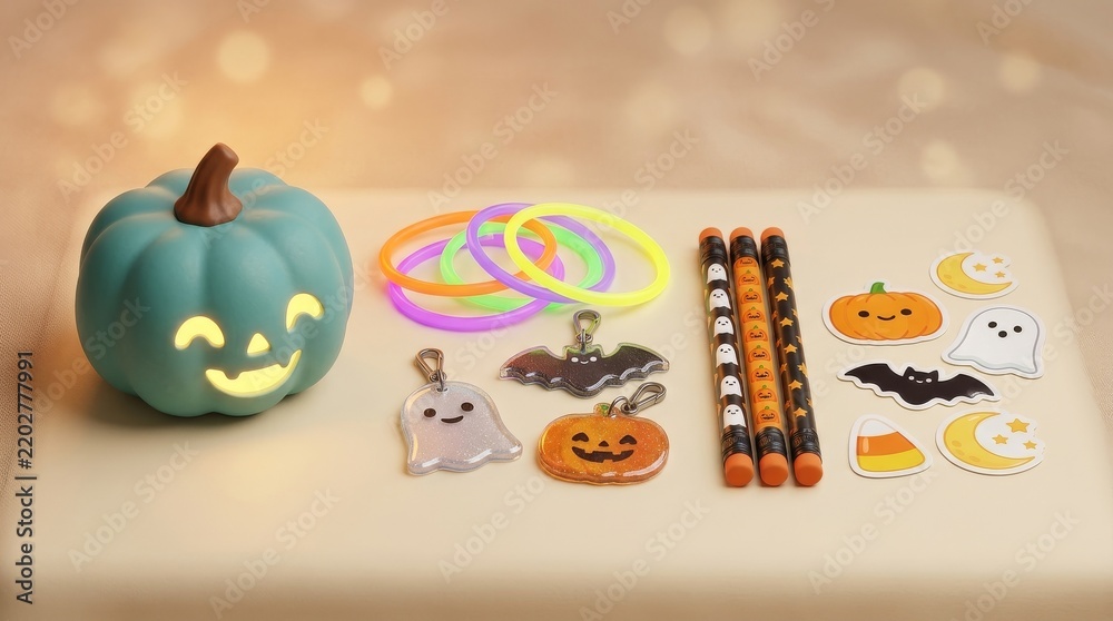 Fototapeta premium Halloween Food Allergy Safety and Non Food Treat Alternatives, Cheerful Halloween decorations with a smiling pumpkin and colorful accessories.