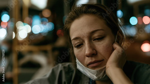 Exhausted nurse after a Christmas night shift resting with face mask lowered