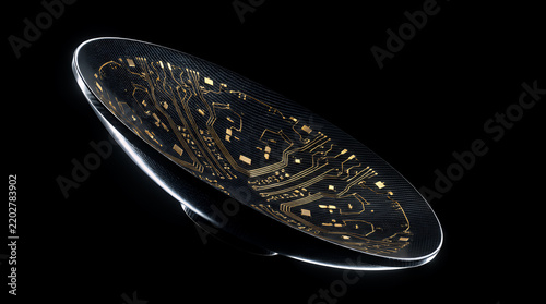 A sleek, dark, oval-shaped object with an integrated circuit board pattern on its surface, presented against a stark black background.