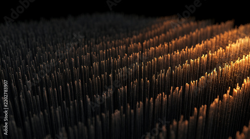 Abstract textured surface composed of numerous vertical metallic rods, with warm light illuminating the tops of the rods, creating a sense of depth and pattern.