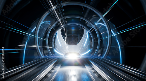Futuristic high-speed train emerges from a brightly lit tunnel with glowing blue accents and dynamic light streaks suggesting rapid motion.