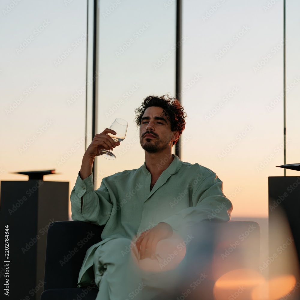 Obraz premium Man holding a wine glass on a terrace at sunset for fashion lifestyle beverage banner and luxury relaxation background for elegant evening promotions
