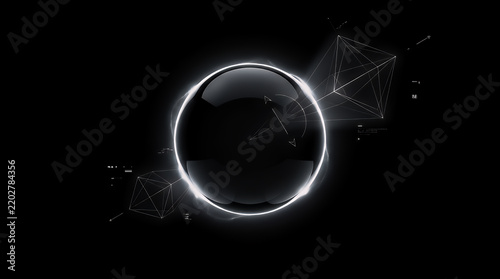 A glowing white orb is surrounded by intricate wireframe geometric shapes and lines on a stark black background, representing data, technology, and abstract concepts.