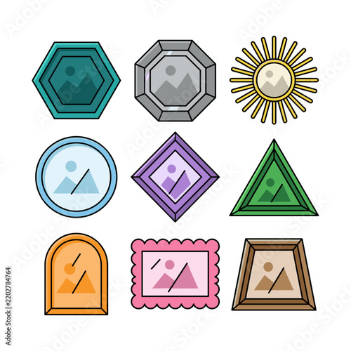 Set of colorful geometric picture frame icons with landscapes