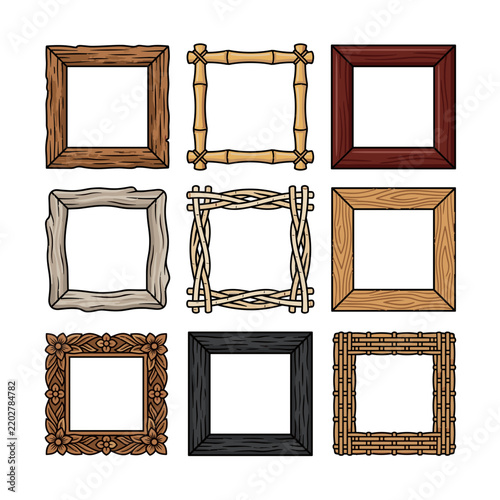 Collection of rustic wooden frames with various organic textures