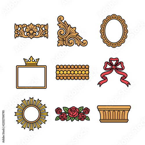 Vintage decorative frames and floral ornaments set on grey background