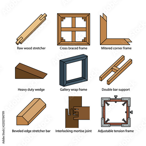 Wooden stretcher bars and canvas frame types illustration