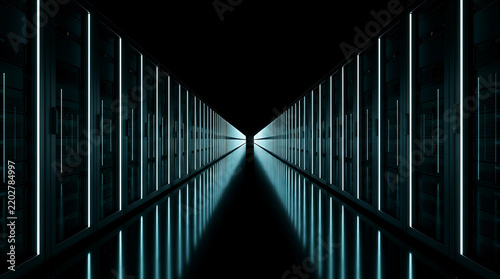 Endless futuristic corridor with vertical illuminated panels on both sides and a bright light at the vanishing point, suggesting progress and exploration.
