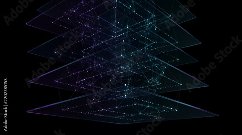 Layered geometric planes with glowing nodes and connecting lines creating a sense of depth and complex organization against a dark backdrop.