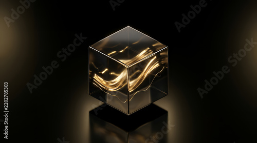 Glass cube containing swirling golden energy particles against a dark reflective background, symbolizing abstract concepts of data and finance.