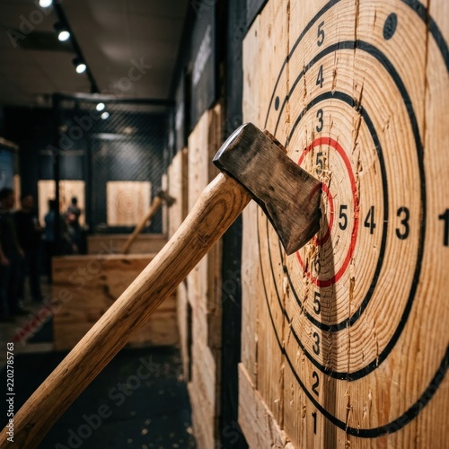 Axe Throwing Target With Axe Embedded In Bullseye.