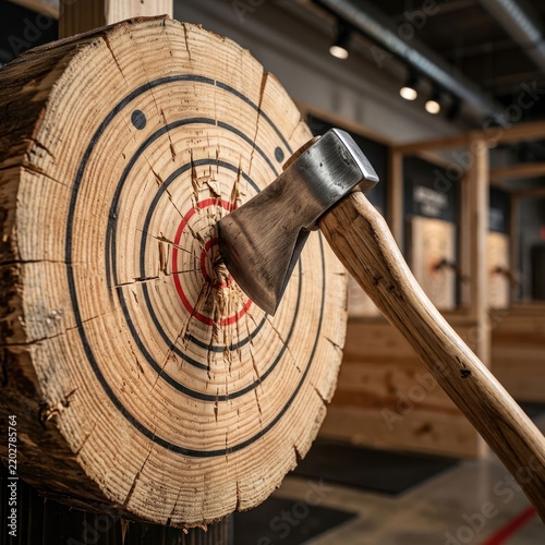 Axe Embedded in a Wooden Target During a Competitive Axe Throwing Event.