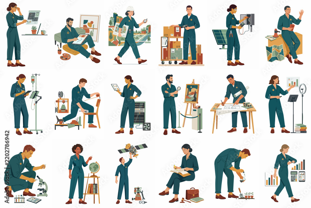 Fototapeta premium Diverse set of professional characters in teal jumpsuits engaged in various occupations from science and engineering to art and logistics flat illustration