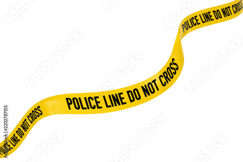 Waving yellow police line do not cross barrier tape isolated on white background, representing crime scene restriction, security control, law enforcement, safety warning, and prohibited access concept