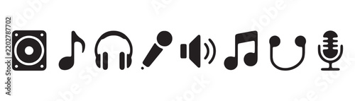 Audio equipment icons set with speaker headphones microphone and music notes in black flat style art.