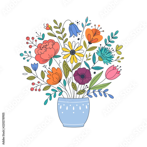 Colorful floral arrangement in a blue vase featuring a variety of blossoms and leaves perfect for decor or design projects