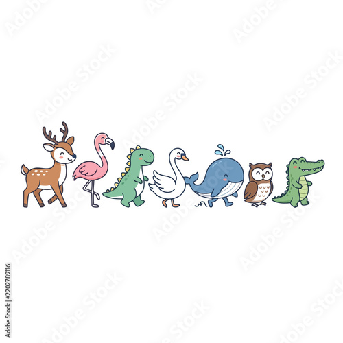 Collection of cartoon animals including deer flamingo crocodile dinosaur whale owl and alligator isolated on white background