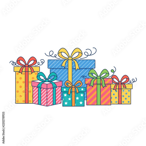 Collection of colorful gift boxes with ribbons and bows arranged in a row showcasing celebration and gifting concepts for special occasions