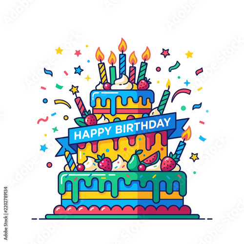 Colorful birthday cake with lit candles and festive decorations celebrating a joyful occasion and special moment with vibrant elements and cheerful