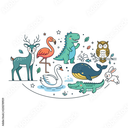 Colorful cartoon animals including deer flamingo dinosaur owl swan crocodile mouse with playful design perfect for children educational materials