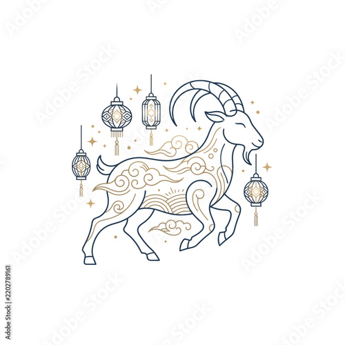 Elegant line art illustration of a mythical unicorn with flowing mane surrounded by ornate hanging lanterns and subtle decorative stars