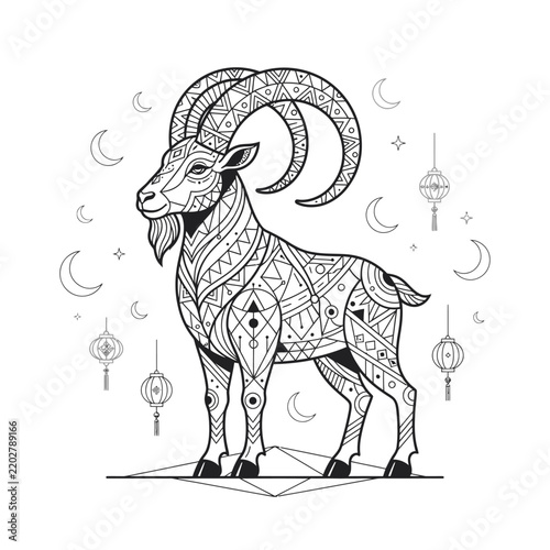 Elegant detailed line art of a majestic mountain goat with intricate patterns and celestial motifs creating a captivating fantasy scene