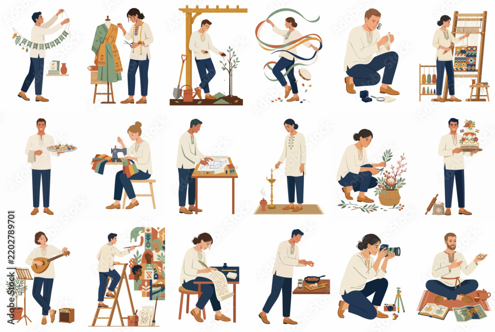 Fototapeta premium Set of flat vector illustrations depicting people enjoying different creative activities, crafts, and professional occupations.