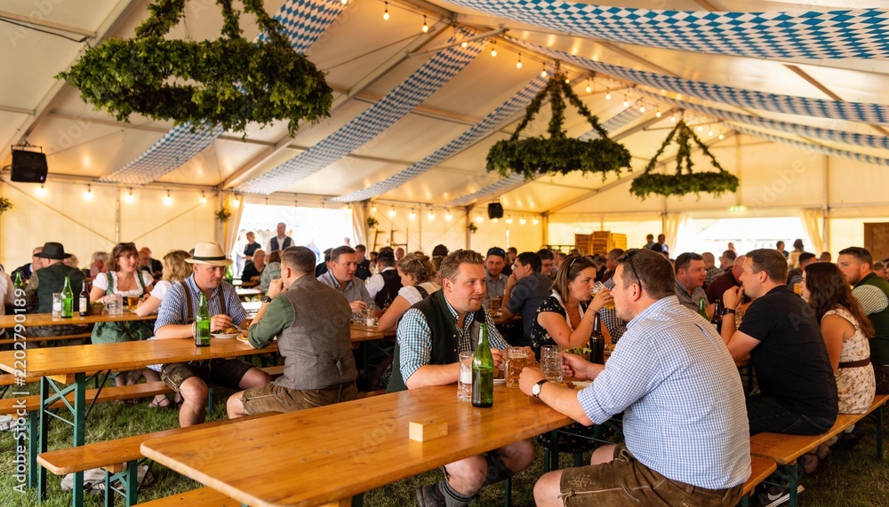 Obraz premium People in traditional Bavarian lederhosen and dirndl sitting at wooden tables, celebrating and drinking beer inside a decorated festival tent during Oktoberfest.