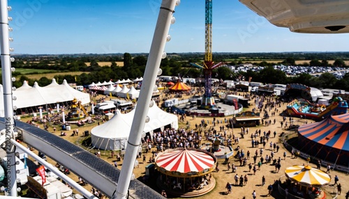 High angle view from a Ferris wheel overlooking a crowded outdoor festival and carnival with amusement rides, colorful tents, and attractions on a sunny day