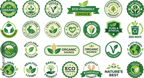Eco Friendly Bio and Organic Product Badge and Label Vector Set in Green Colors