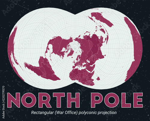 North Pole. World map. Rectangular (War Office) polyconic projection centered to North Pole. Pale Mint Dark Pink palette. Vintage texture. Captivating vector illustration.