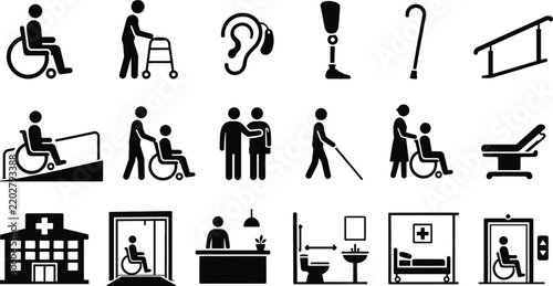 Disability Accessibility and Rehabilitation Healthcare Black Silhouette Icon Set