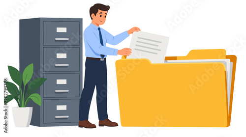 Office worker placing document into oversized yellow folder beside large grey archive filing cabinet, flat vector illustration of document management and filing system concept