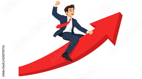 Confident businessman in blue suit triumphantly riding large red upward arrow, celebrating success and growth, bold flat vector illustration for business finance corporate achievement concept