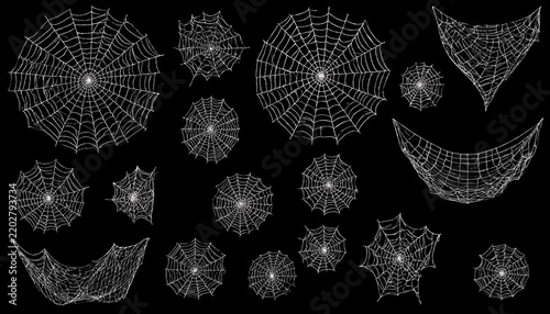 Halloween spider web collection with different shapes of creepy webs on a black background