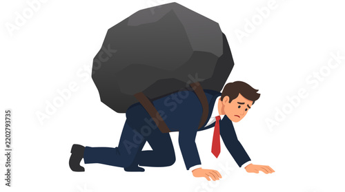 Businessman Crawling Under Heavy Boulder Burden of Ego Limiting Potential Success Metaphor for Pride and Arrogance Weighing Down Career Growth - professional high detailed commercial stock imagery