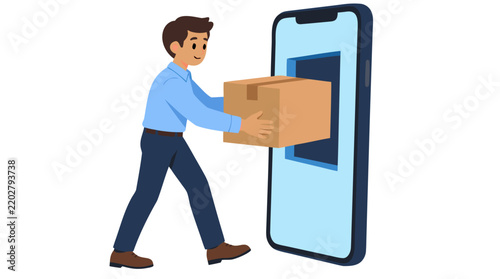 Office Employee Inserting Shipping Box Into Smartphone Screen for E-Commerce Concept, Bold Flat Color Vector Illustration on Clean White Background, Digital Commerce and Mobile Delivery Graphic