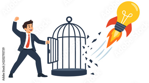 Businessman celebrating as innovative rocket-shaped lightbulb breaks free from birdcage, creative ideas escaping limitations, business success concept vector illustration