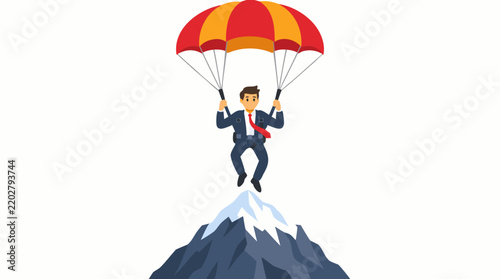 Businessman in suit parachuting onto snow-capped mountain peak bold flat colorful cartoon illustration success achievement corporate concept - professional high detailed commercial stock imagery