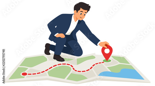 Professional businessman kneeling and placing red location pin marker on colorful route map, goal achievement navigation planning concept, modern flat vector illustration on clean solid white