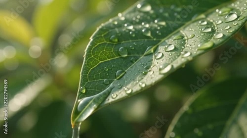 Water Dew Drops On Fresh Green Leaf In The Morning Sunlight Nature