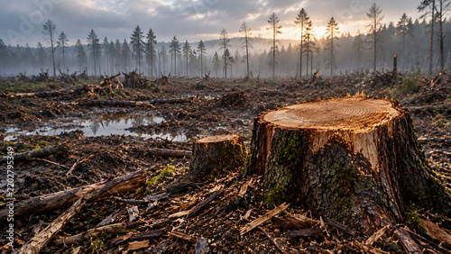 Fresh tree stumps in a cleared woodland after deforestation