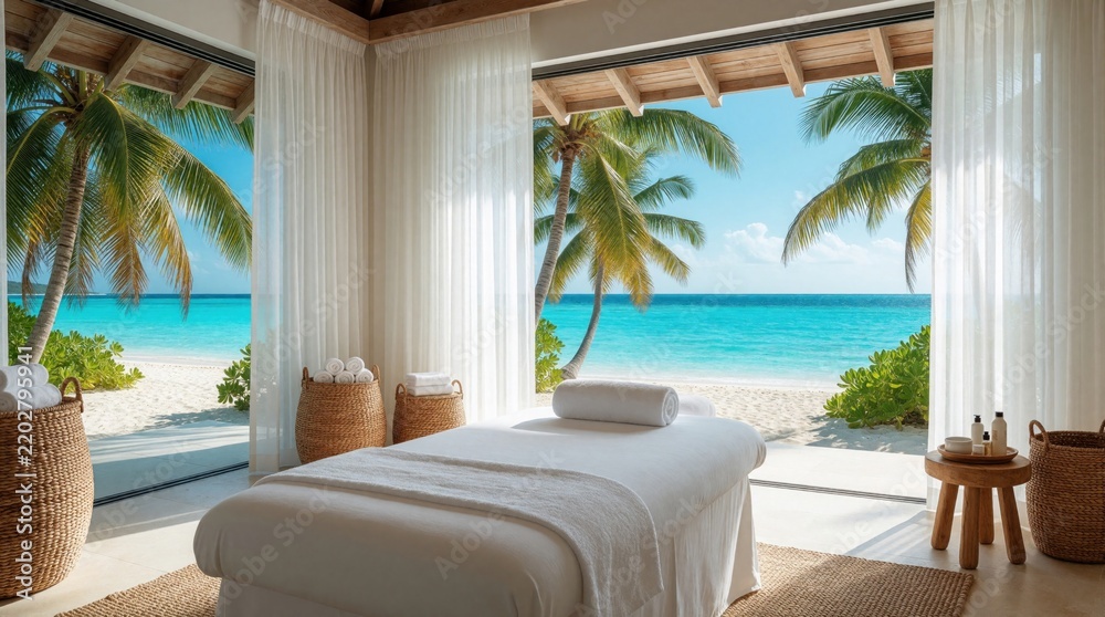 Fototapeta premium Luxury spa room with massage table faces beautiful tropical beach and ocean. Palm trees sway beside turquoise water under clear blue sky, offering serene escape and pure relaxation.